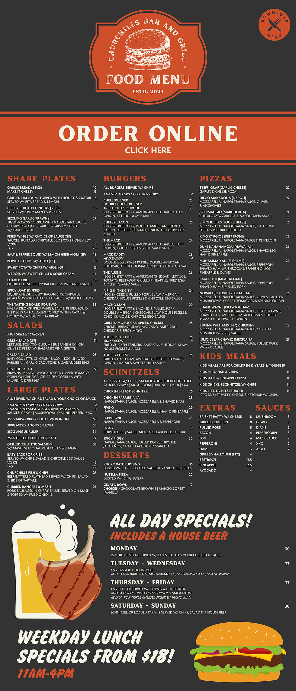 Churchills Bar and Grill Menu