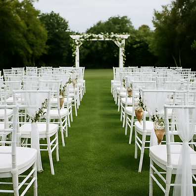 Outdoor event setup including chiavari chairs