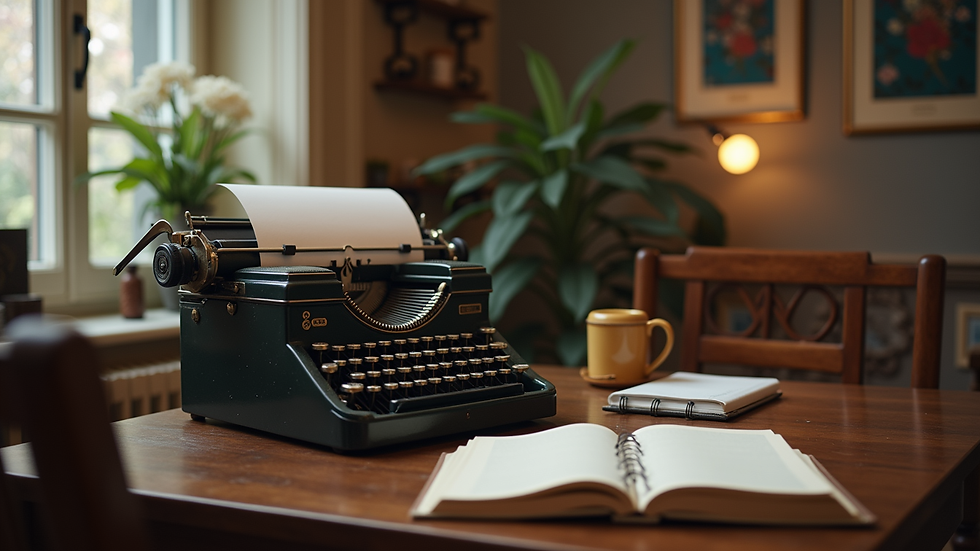 Eye-level view of a cozy writing nook with a vintage typewriter
