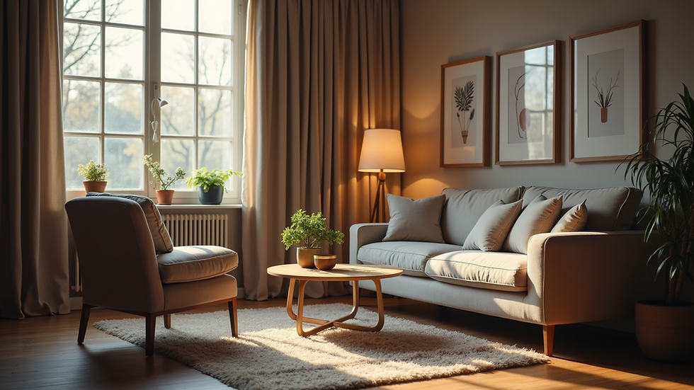 Eye-level view of a cozy living room with a comfortable armchair and a small table