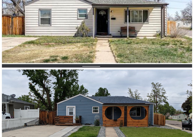 Two images of a house before and after renovation.