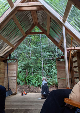 Open wooden structure with forest view.