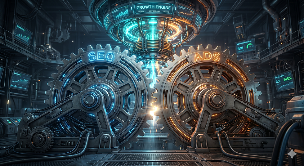 Interlocking SEO and Paid Ads gears representing an integrated marketing machine.