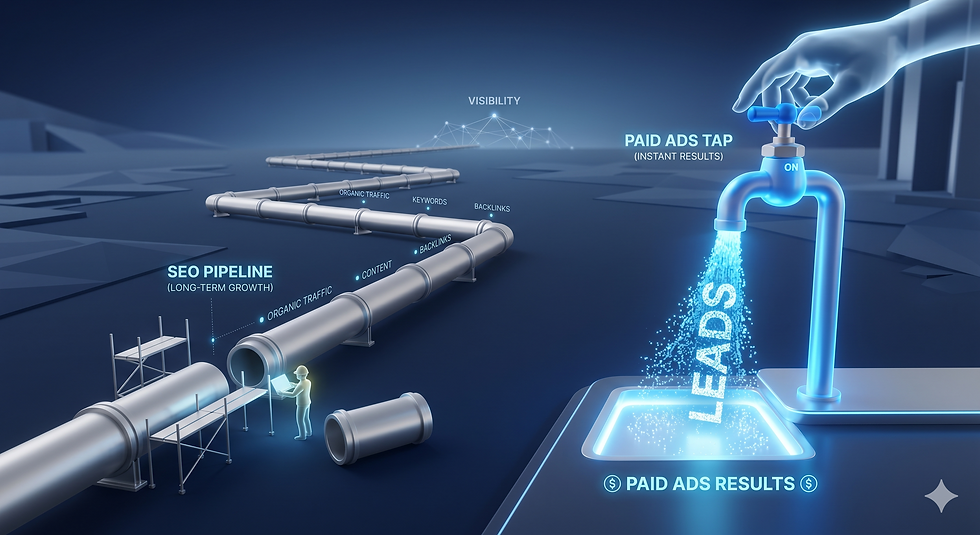 Visual representation of long-term lead pipelines vs. immediate traffic taps in digital marketing.