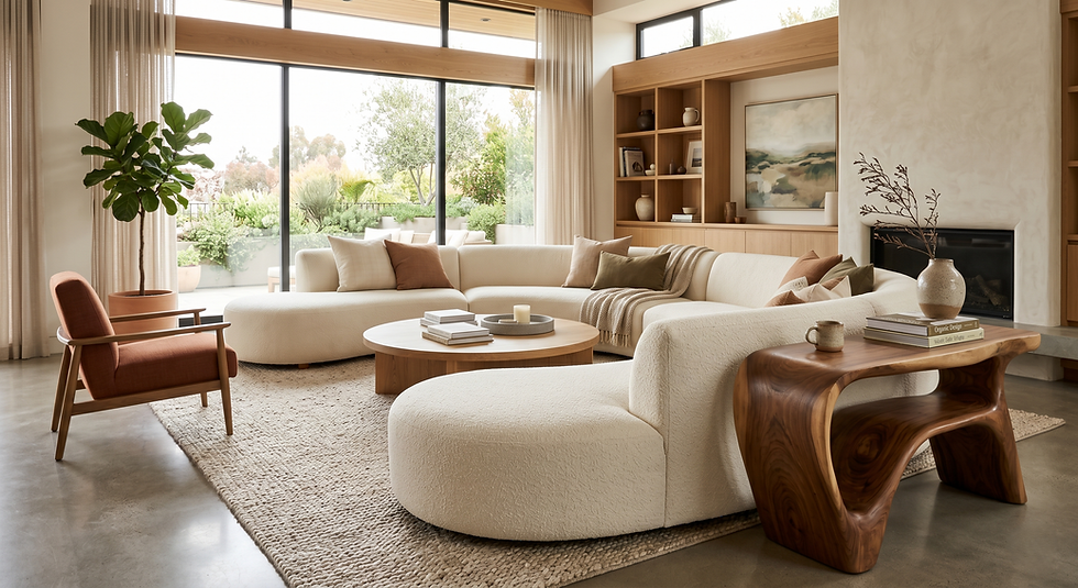 Curved ivory sofa and organic wood side table softening the lines of a modern luxury apartment.