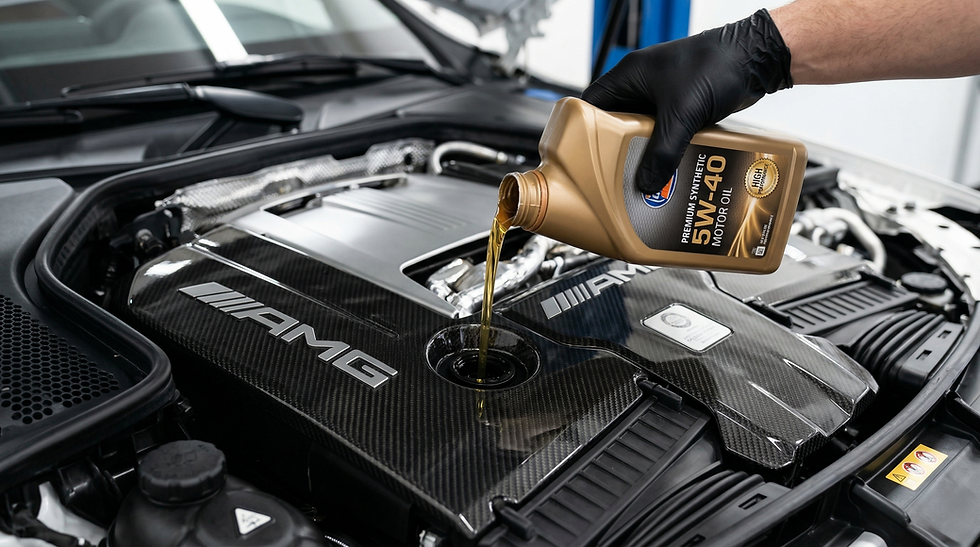 Checking and topping up engine oil and fluids in a luxury car engine.