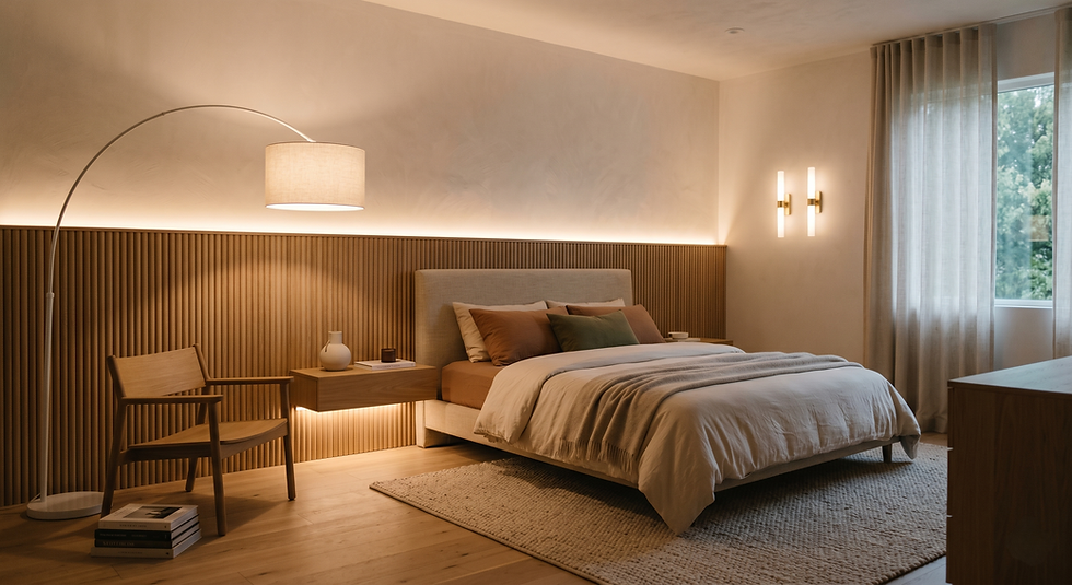 Sculptural wall sconce providing warm ambient lighting in a minimalist luxury bedroom.