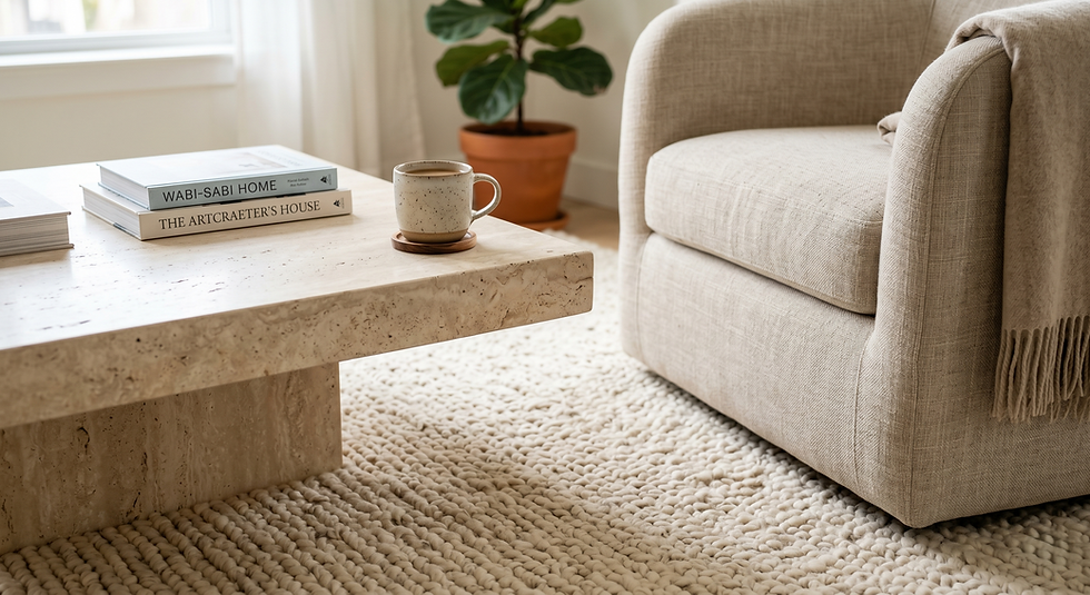Honed travertine coffee table and textured linen armchair in a warm minimalist home.