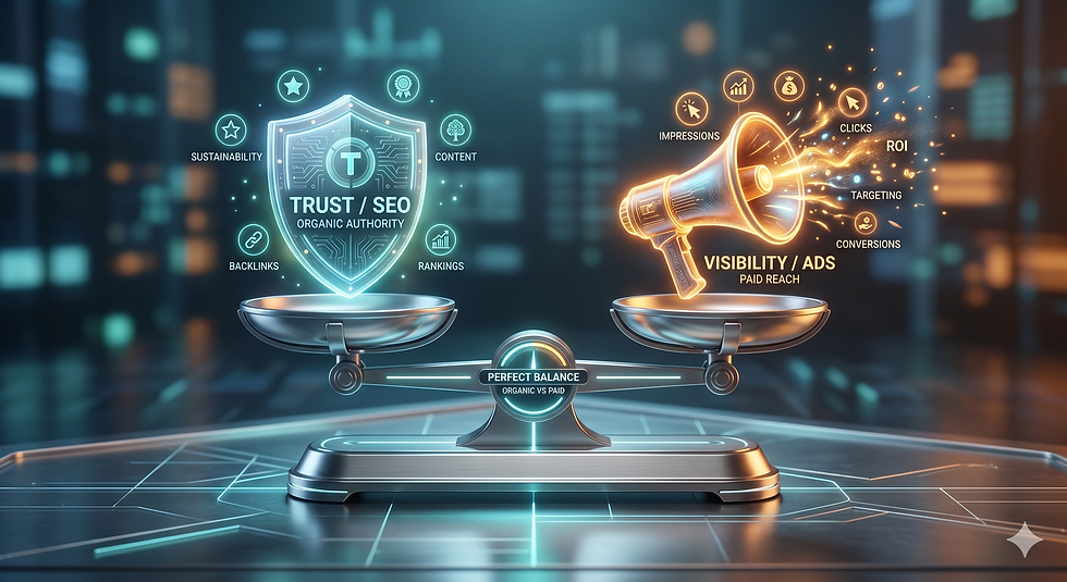 Balanced scale comparing brand authority from SEO and immediate visibility from paid advertising.