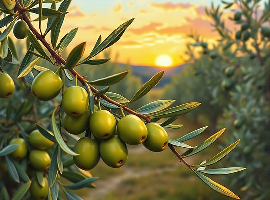 an oil painting of green olives on olive branches in a setting of olive orchard during sun