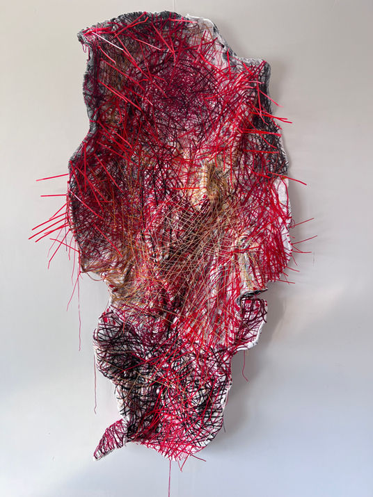 Mixed media textile fiber sculpture. Striking red biomorphic wall hanging sculpture.