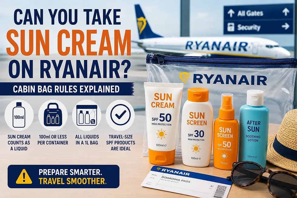 Airport security scene with travel-size sun cream, sunscreen and after-sun products illustrating Ryanair hand luggage rules and 100ml liquid restrictions