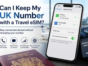 Smartphone showing Dual SIM settings with a UK SIM and travel eSIM alongside a UK passport and airport luggage, illustrating how travellers can keep their UK number while using a travel eSIM abroad.