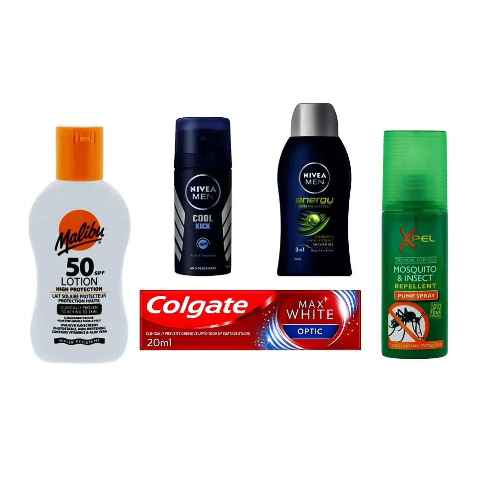 Men's summer travel toiletries kit with Malibu SPF50 sun lotion, Nivea Men toiletries, Colgate toothpaste and Xpel insect rep