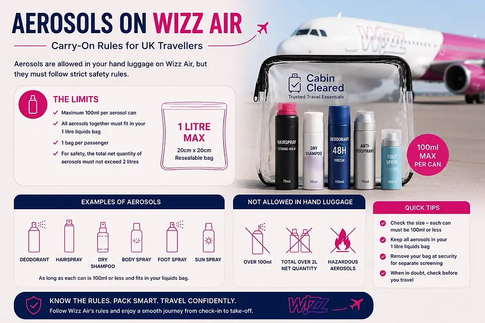 Infographic explaining Wizz Air aerosol rules for hand luggage, showing travel-size deodorants, hairsprays and body sprays in a CabinCleared clear liquids bag with 100ml limits, 1-litre bag requirements and a Wizz Air aircraft in the background for UK travellers.