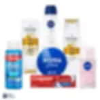 Women’s travel toiletries kit with Nivea Pantene and Colgate products for cabin bag and carry-on travel