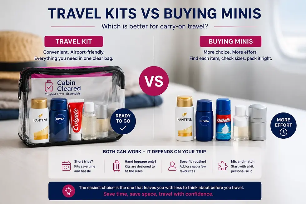 Infographic comparing travel kits versus buying individual mini toiletries for carry-on travel, showing a CabinCleared travel kit alongside separate travel-size products with guidance on convenience, flexibility and hand luggage packing for UK travellers.