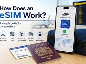 Smartphone displaying an active travel eSIM beside a UK passport and boarding pass at an airport, illustrating how an eSIM works for international travel.