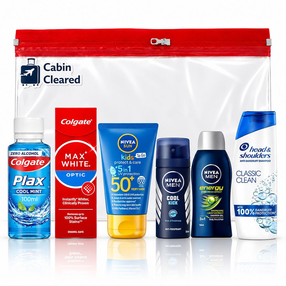 CabinCleared men’s travel toiletries kit with Nivea Sun SPF50+, Nivea Men, Colgate and Head & Shoulders products