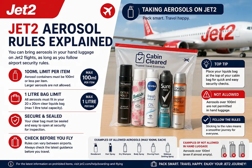 Infographic explaining Jet2 aerosol rules for hand luggage, showing travel-size deodorants, hairsprays and body sprays in a CabinCleared clear liquids bag with 100ml limits, security guidance and a Jet2 aircraft in the background for UK travellers.