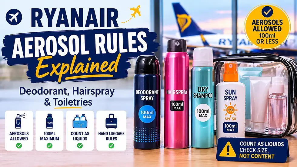 Airport security scene with travel-size aerosol deodorant, hairspray and toiletries illustrating Ryanair aerosol rules and 100ml cabin bag restrictions
