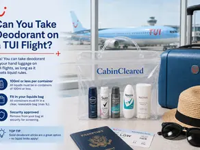 Infographic explaining TUI deodorant rules for hand luggage, showing travel-size deodorants inside a CabinCleared liquids bag alongside a suitcase, passport and boarding pass in an airport setting with a TUI aircraft in the background.