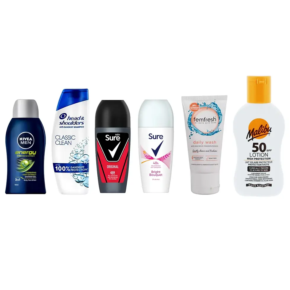 Couples summer travel toiletries kit with Nivea Men, Sure deodorants, Malibu SPF50, Femfresh and Head & Shoulders for hand lu