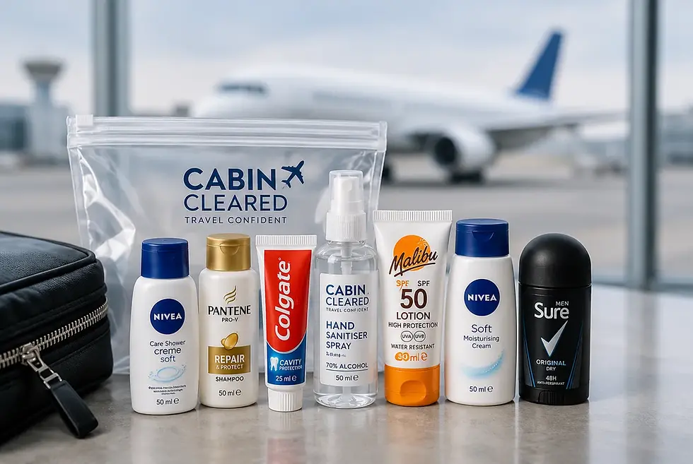 CabinCleared clear travel liquids bag with travel-size toiletries from trusted brands including Nivea, Pantene, Colgate, Sure and Malibu SPF50, displayed in an airport terminal with an aircraft visible in the background.