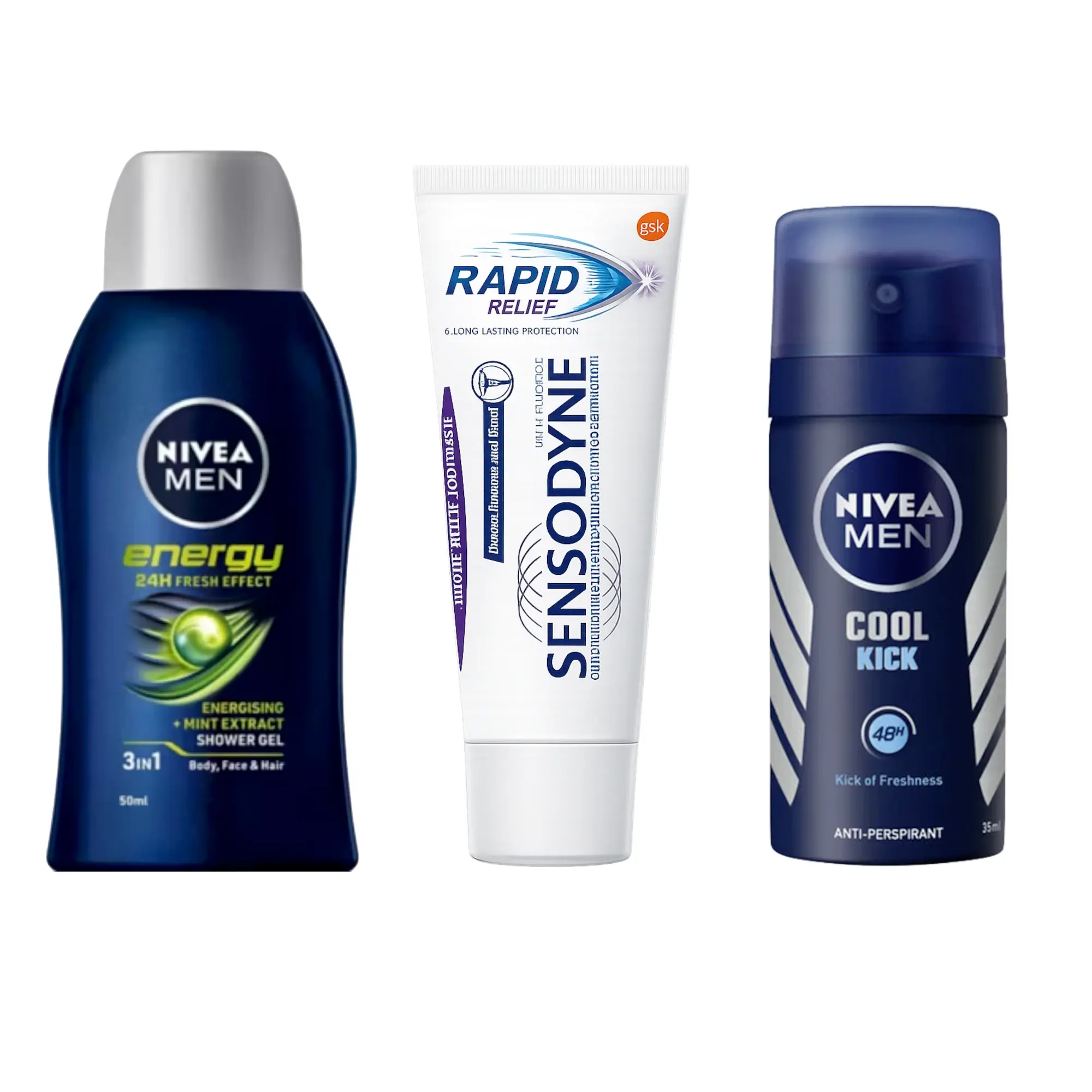 Men’s travel toiletries essentials kit with Nivea shower gel, deodorant, and Sensodyne toothpaste