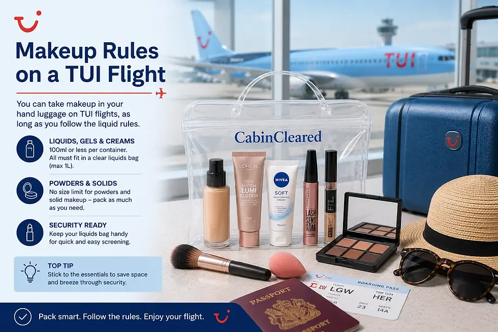 Infographic explaining TUI makeup rules for hand luggage, showing travel-size cosmetics and beauty products in a CabinCleared clear bag beside a passport, boarding pass and suitcase, with a TUI aircraft visible in the background.