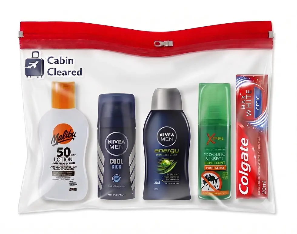 Men's summer travel toiletries kit packed inside a CabinCleared reusable airport liquids bag