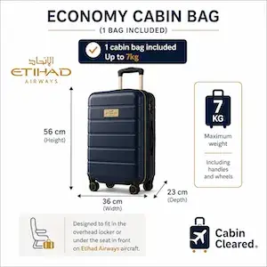 Illustrated guide showing permitted baggage size and dimensions.