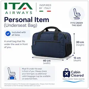 Illustrated guide showing permitted baggage size and dimensions.