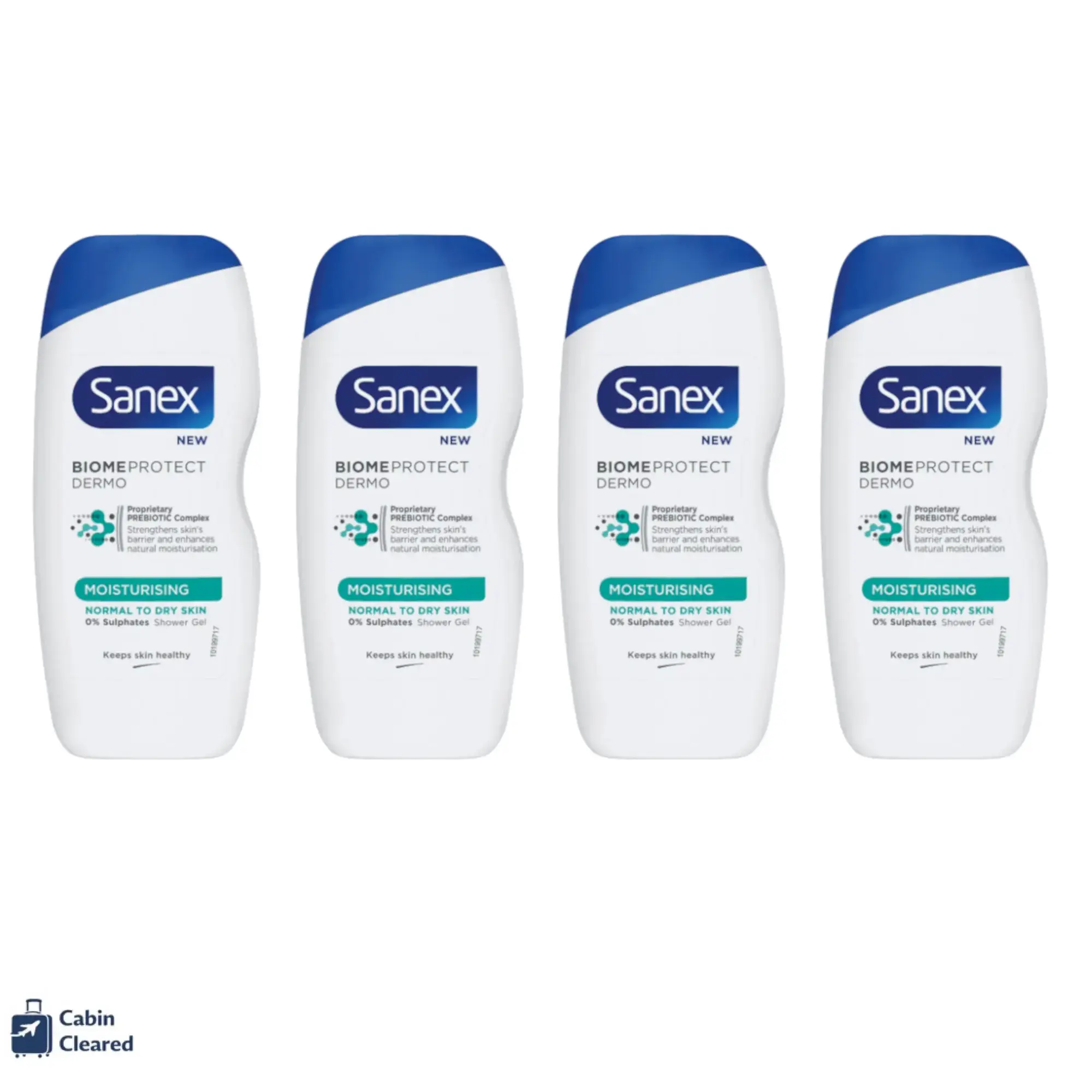 Pack of four Sanex Dermo Moist 50ml travel shower gels for cabin bag and carry-on travel