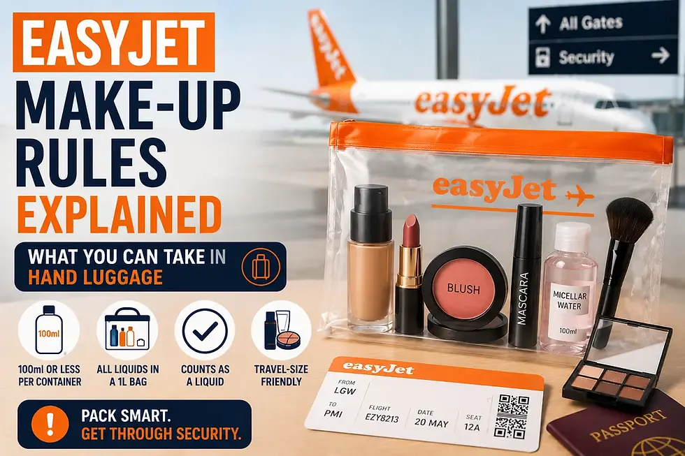 Airport security scene with makeup products and travel toiletries illustrating easyJet makeup rules and liquid restrictions for hand luggage