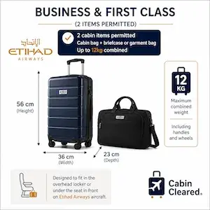 Etihad Business and First Class cabin baggage allowance image showing cabin suitcase plus briefcase allowance with 7kg per item and CabinCleared branding.