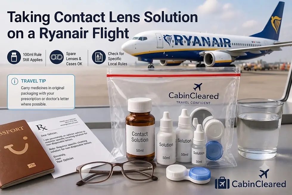 An informative blog header infographic about airline liquid rules titled "Taking Contact Lens Solution on a Ryanair Flight". In the background, a blue and yellow Ryanair passenger airplane is parked on an airport tarmac. In the foreground, sitting on a counter by a window, is a clear zip-top bag containing travel-sized contact lens solution bottles labeled 50ml and 30ml. Surrounding the bag are a pair of eyeglasses, a blue and white contact lens case, a passport, an optician's letter, and a glass of water. The top left features three small graphic icons outlining travel rules, and the bottom right corner features the "CabinCleared" logo.