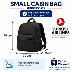 Illustrated guide showing permitted baggage size and dimensions.