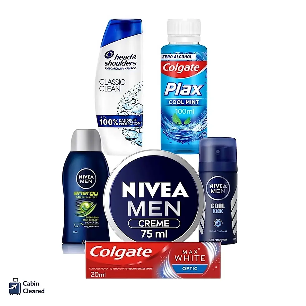 Men’s cabin-size toiletry kit with Nivea, Colgate and Head & Shoulders travel-size essentials
