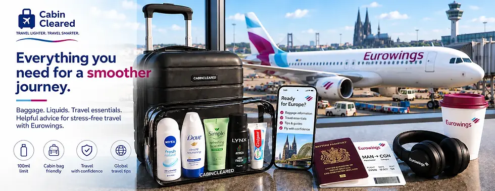 Eurowings aircraft with cabin suitcase, travel toiletries and hand luggage essentials for an international journey.