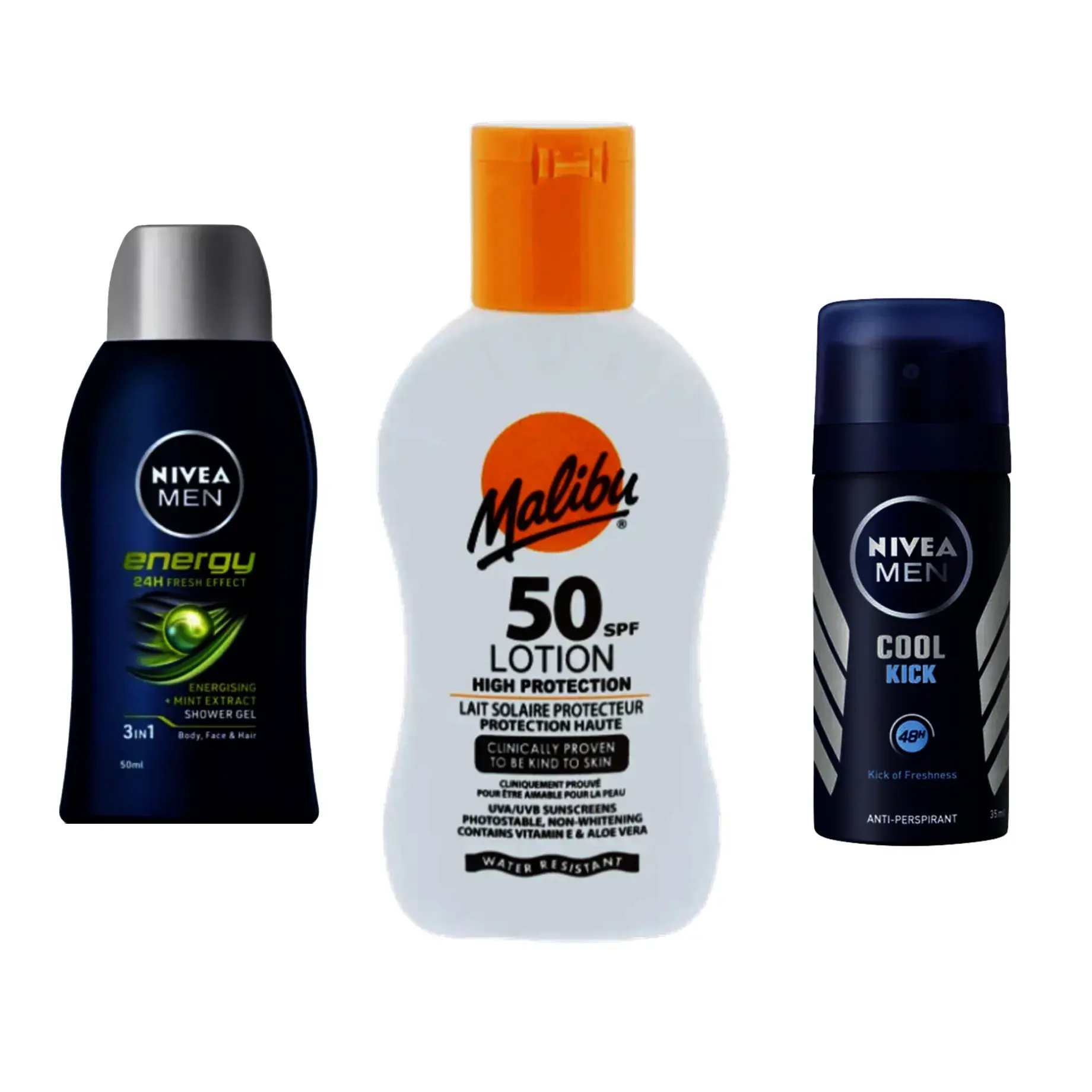 Men's summer travel essentials including Malibu SPF50 sun lotion, Nivea Men Energy shower gel and Nivea Men Cool Kick deodora