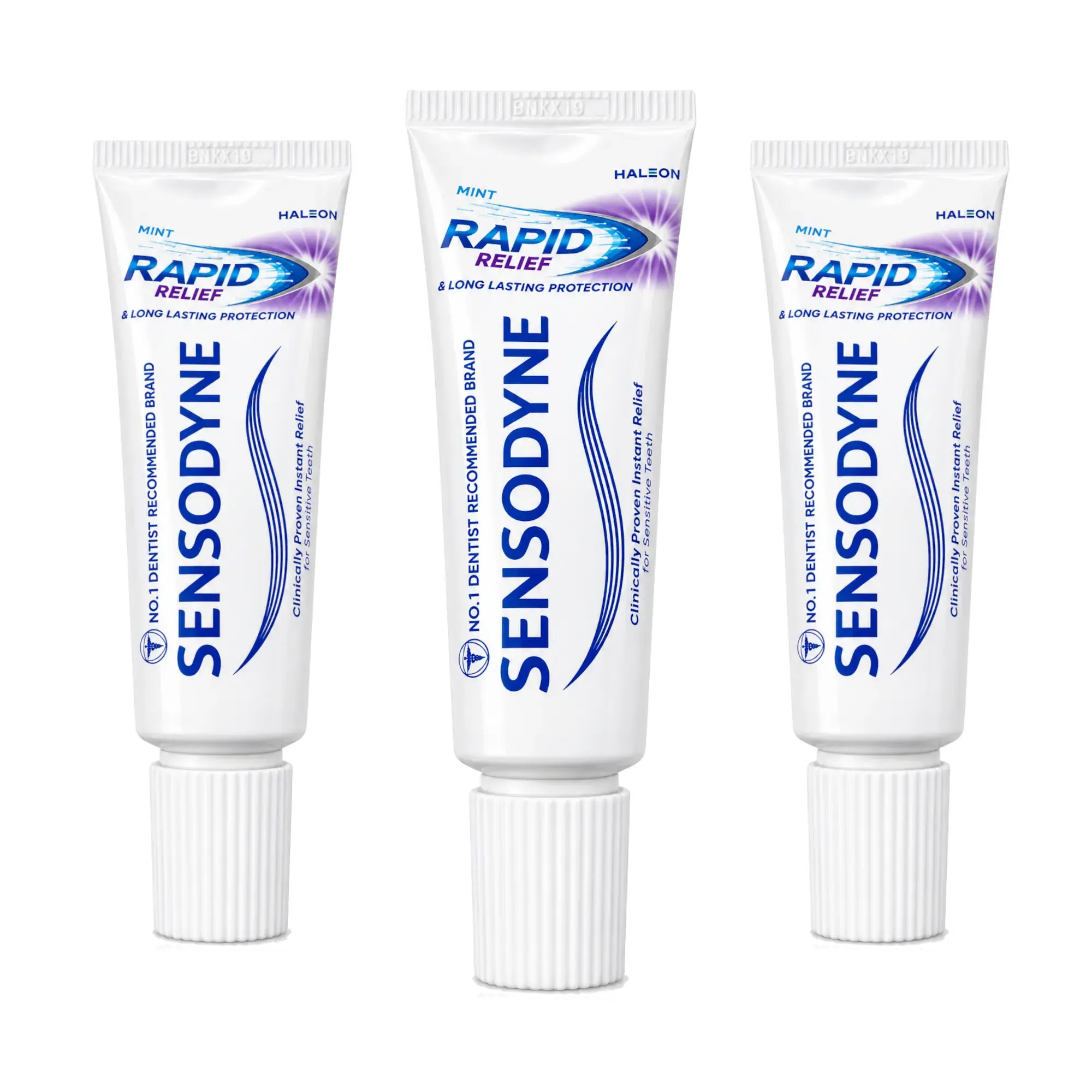 Pack of three Sensodyne Rapid Relief 15ml travel toothpaste tubes for cabin bag and carry-on travel