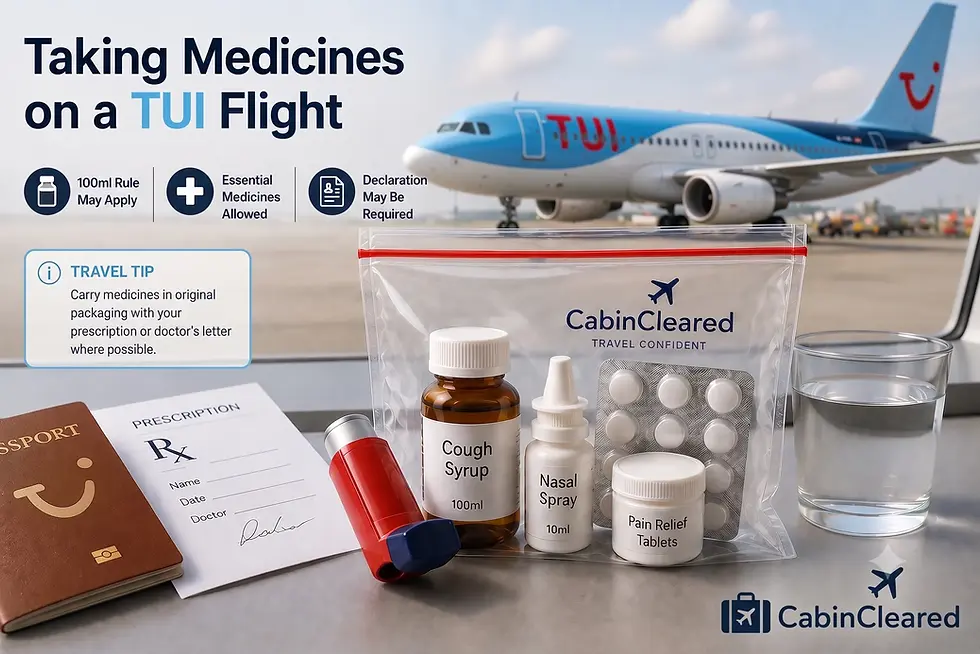 Passenger preparing for a TUI flight with prescription medicines, tablets, liquid medicine, an inhaler and a compliant airport liquids bag, illustrating TUI hand luggage rules for travelling with medication.