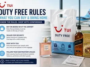 Infographic explaining TUI duty free rules, showing a TUI aircraft and duty free shopping bag alongside perfume, chocolates and spirits, with guidance on sealed purchases and carrying duty free items when flying with TUI.
