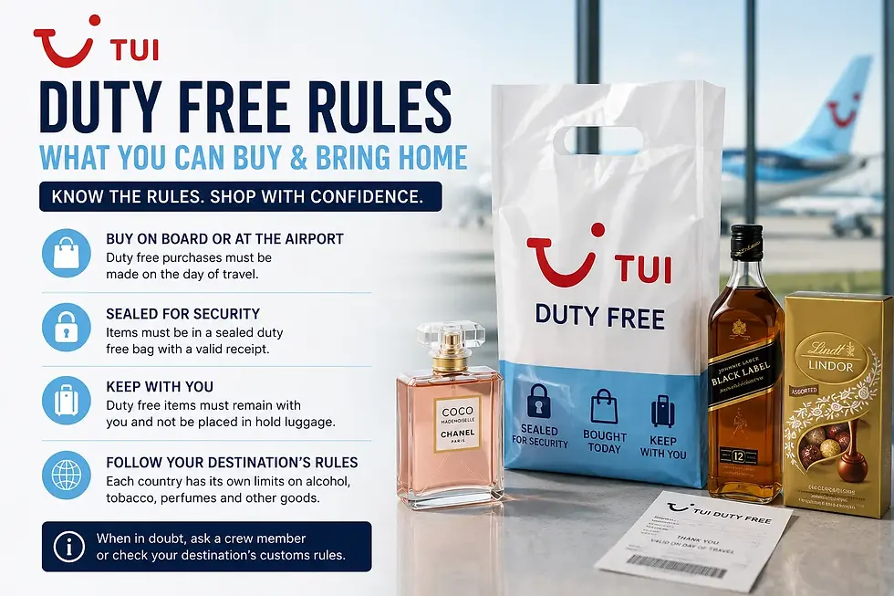 Infographic explaining TUI duty free rules, showing a TUI aircraft and duty free shopping bag alongside perfume, chocolates and spirits, with guidance on sealed purchases and carrying duty free items when flying with TUI.
