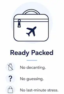 Travel bag icon representing ready-packed carry-on toiletries with no decanting or repacking required