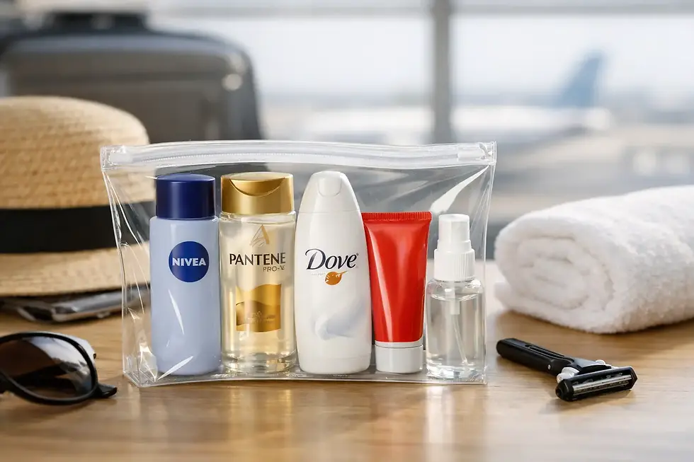 Branded travel size toiletries in a clear airport ecurity bag
