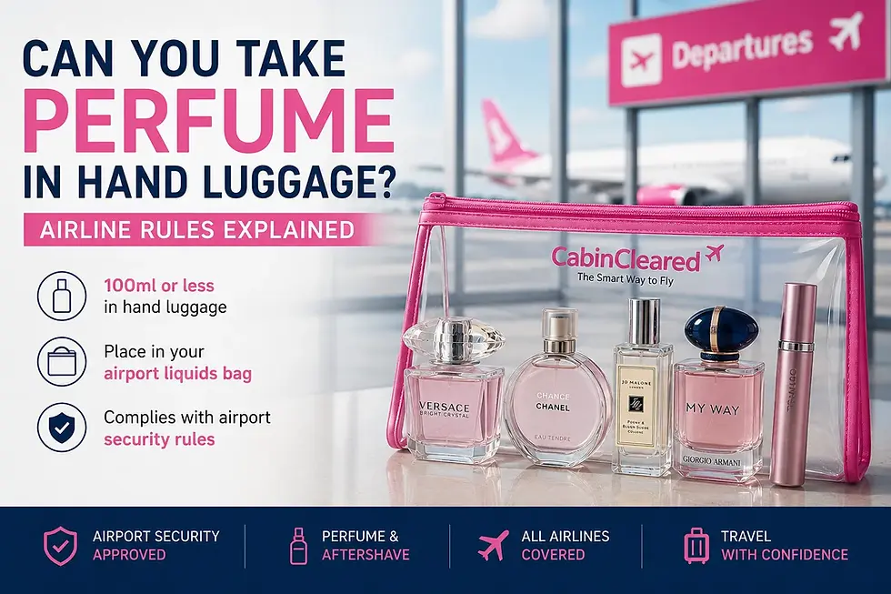 Infographic explaining perfume rules for hand luggage, showing travel-size perfume bottles inside a CabinCleared clear liquids bag with airport security guidance and an airline terminal background for UK travellers.