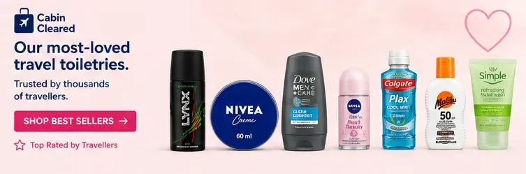 Best-selling CabinCleared travel toiletries including Lynx deodorant, Nivea Creme, Dove Men+Care, Nivea Pearl & Beauty, Colgate Plax, Malibu SPF50 and Simple face wash.