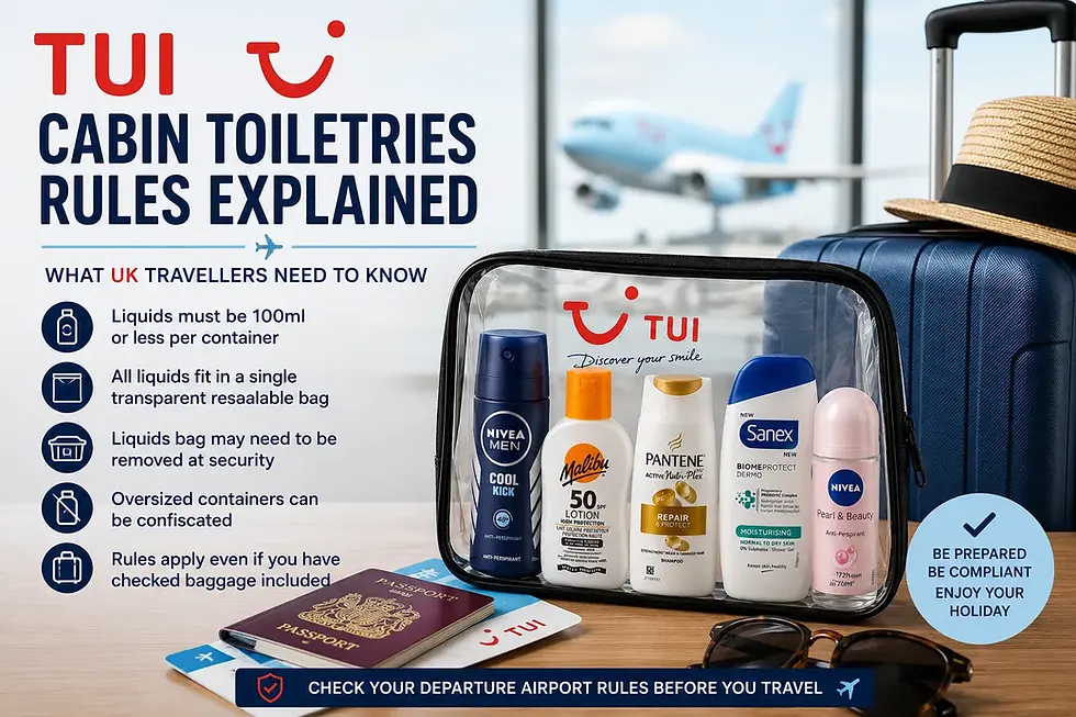 TUI cabin toiletries rules infographic showing travel-size Nivea, Malibu, Pantene and Sanex products inside a clear airport liquids bag beside cabin luggage at an airport terminal.
